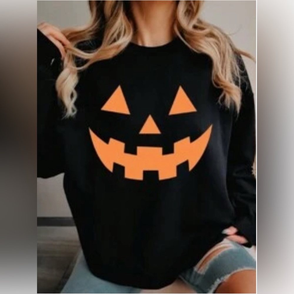 SHEIN Halloween Pumpkin Black Crewneck Sweater- Size L